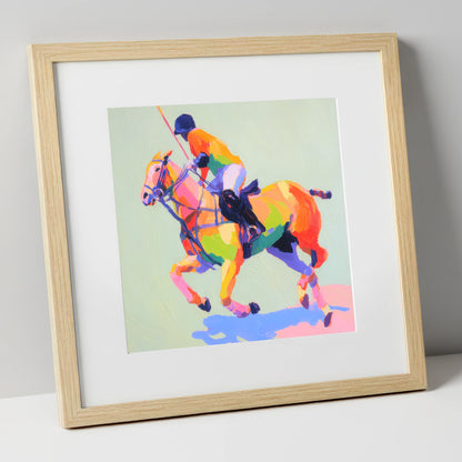 Technicolour Polo Stride polo horse art print in natural frame