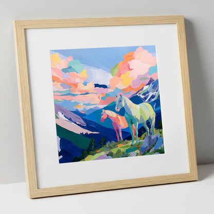 Technicolour Alpine Ridge horse landscape art print in natural frame