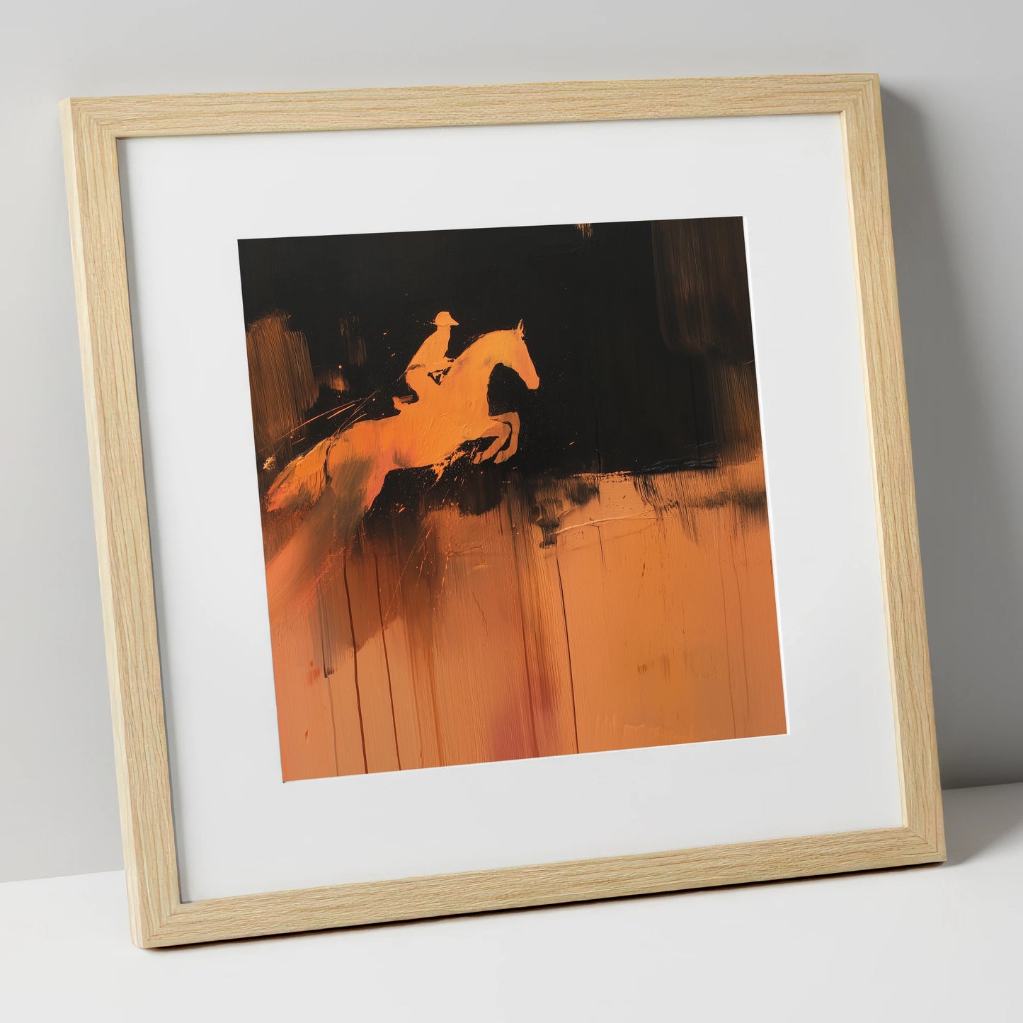 The Amber Leap show jumping horse art print in natural frame