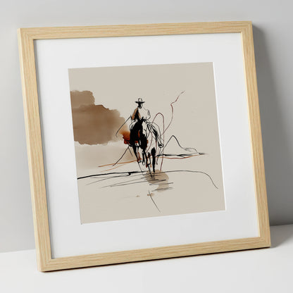 The Lone Rider western horse art print in natural frame