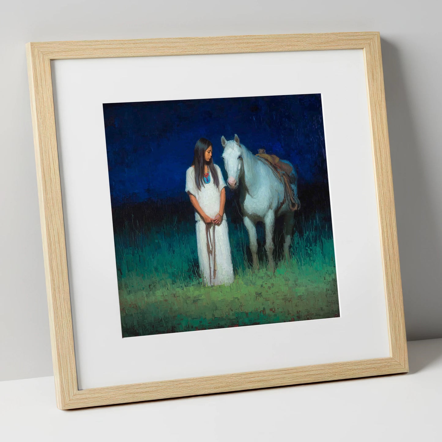 Quiet Night Vigil horse & rider art print in natural frame