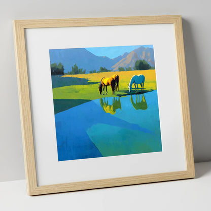 Sunlit Waterside Grazing wild horses art print in natural frame
