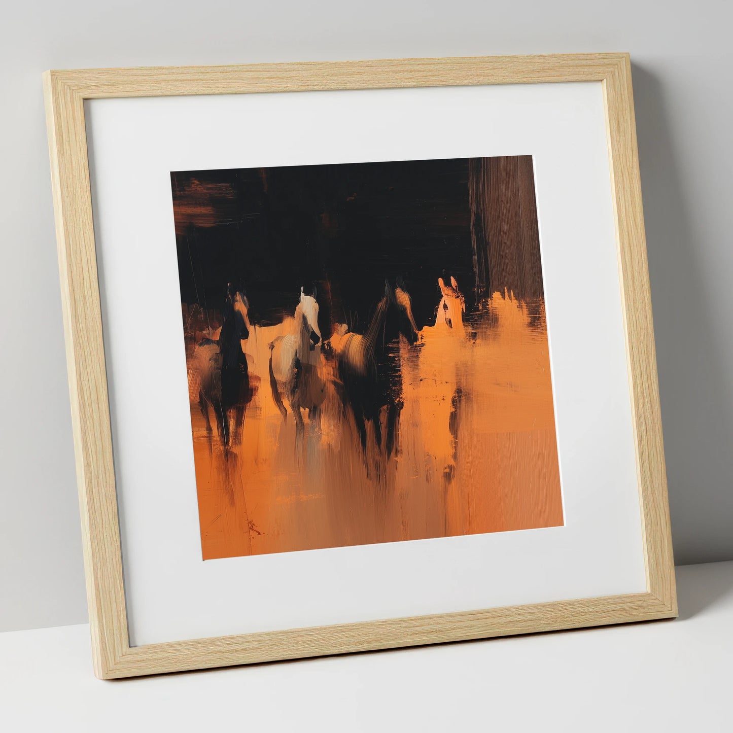 Out of the Shadows racing horse art print in natural frame
