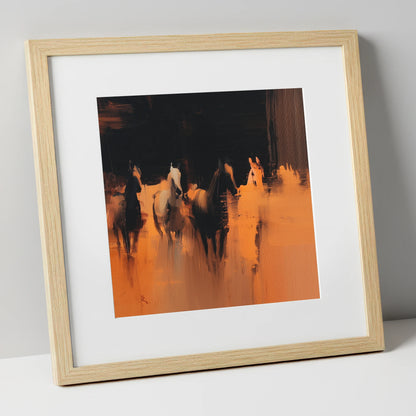 Out of the Shadows racing horse art print in natural frame