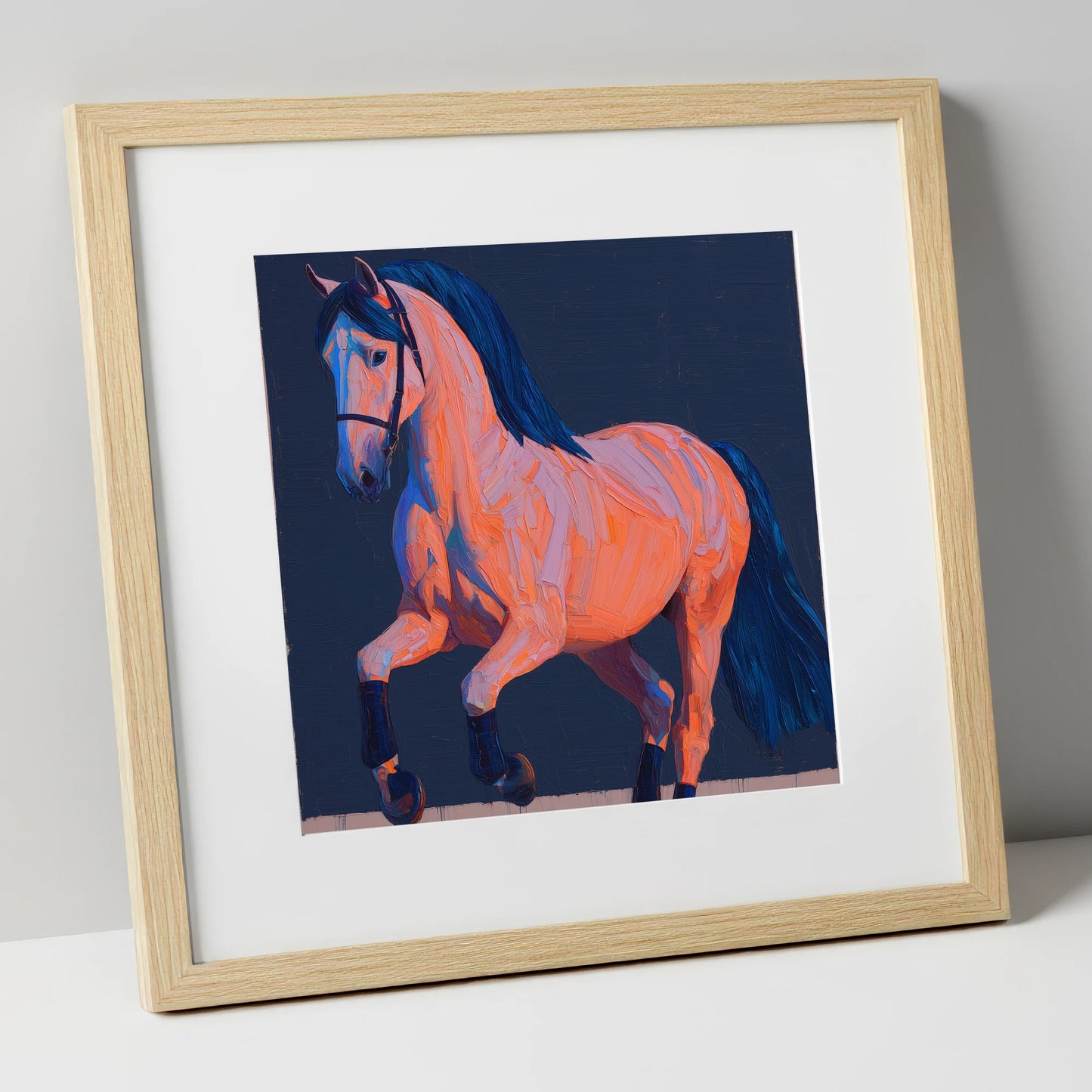 Vibrant Dressage Equine horse breed art print in natural frame