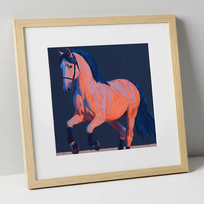 Vibrant Dressage Equine horse breed art print in natural frame