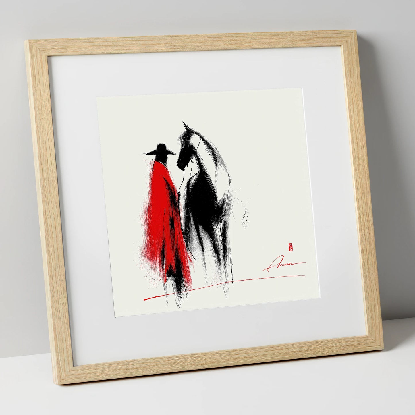 Crimson Western Silhouette western horse art print in natural frame