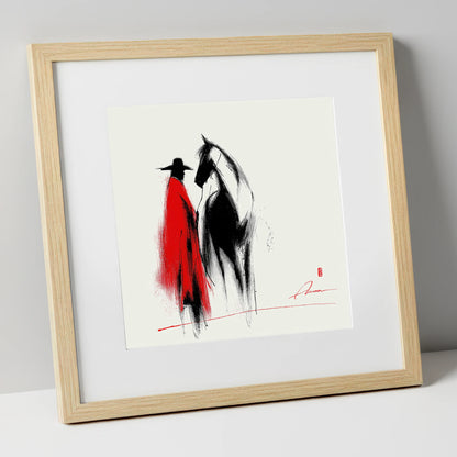 Crimson Western Silhouette western horse art print in natural frame