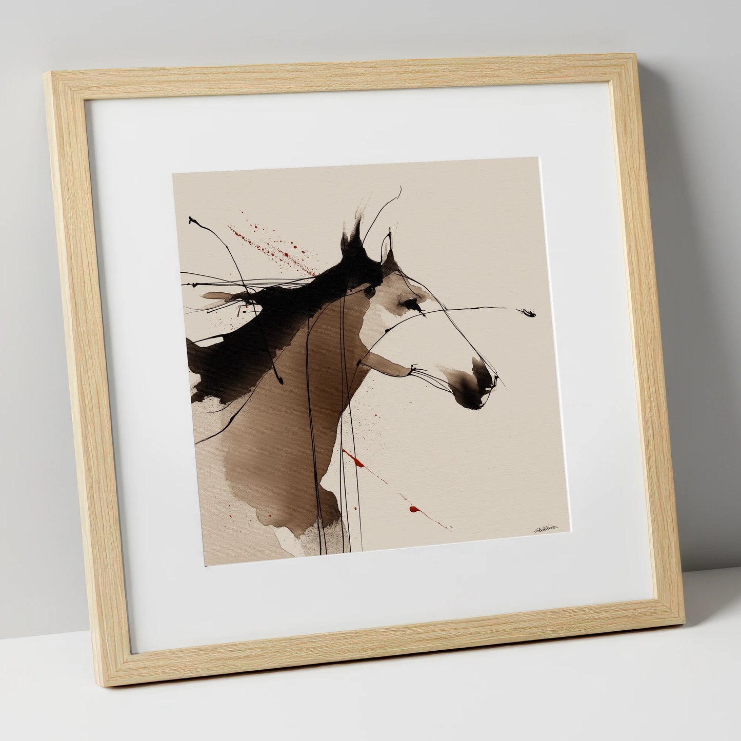 Expressive Ink Profile horse portrait art print in natural frame