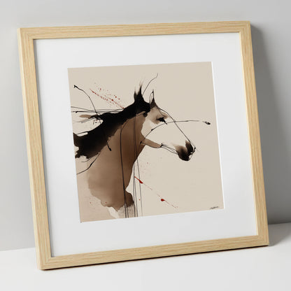 Expressive Ink Profile horse portrait art print in natural frame