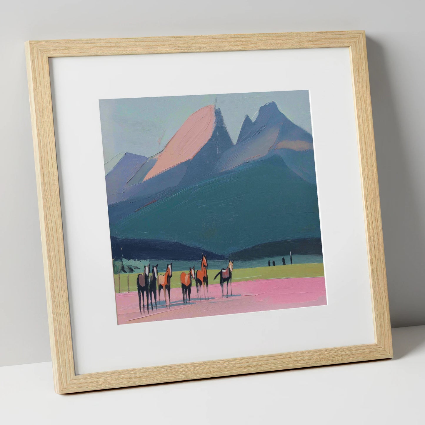 Rose Peaks Herd horse landscape art print in natural frame