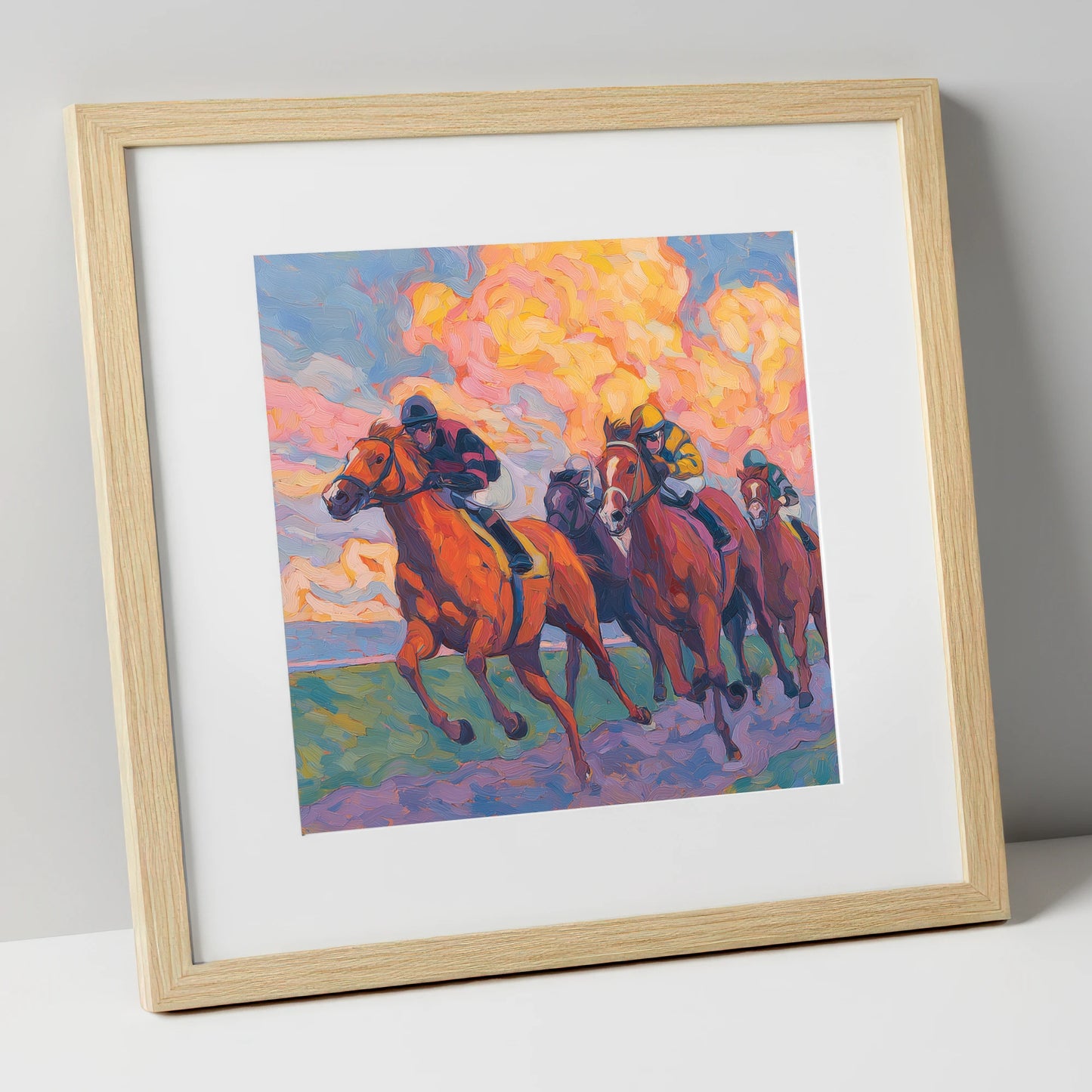 Thundering Sunset racing horse art print in natural frame