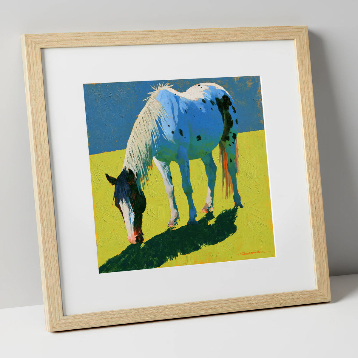 Vibrant Appaloosa Horse Grazing horse breed art print in natural frame