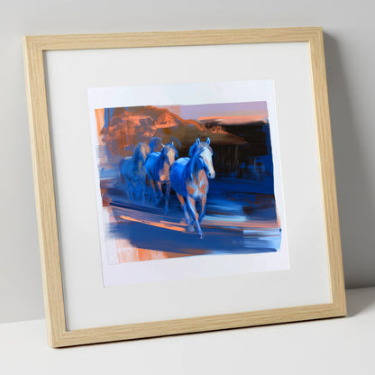 Cobalt Dawn Herd wild horses art print in natural frame