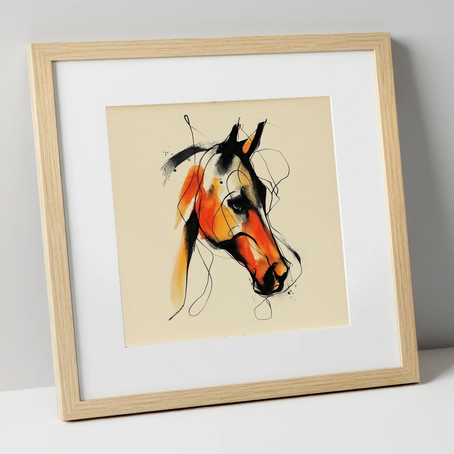 Vivid Amber Equine horse portrait art print in natural frame