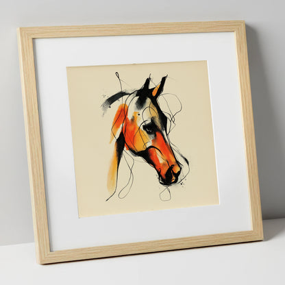 Vivid Amber Equine horse portrait art print in natural frame