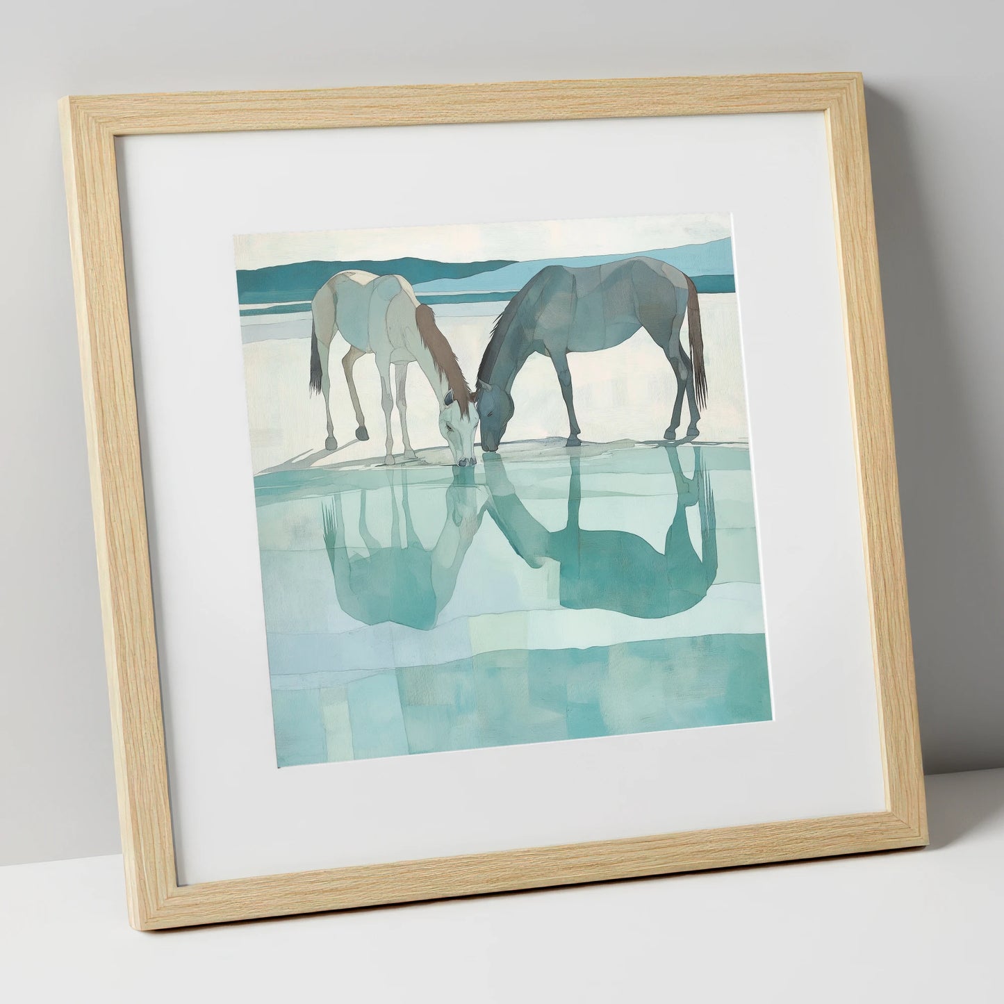 Mirrored Serenity wild horses art print in natural frame