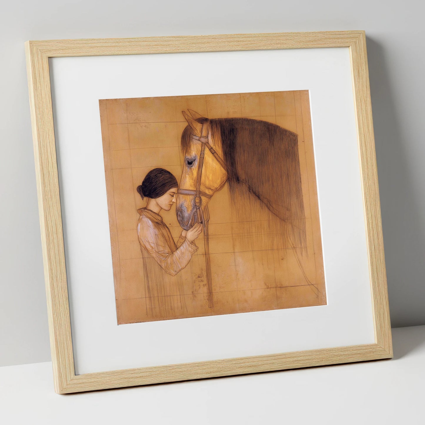 The Silent Bond horse & rider art print in natural frame