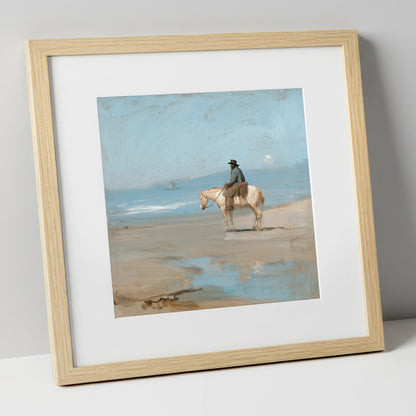 Coastal Contemplation horse landscape art print in natural frame