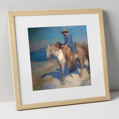The Azure Trail western horse art print in natural frame