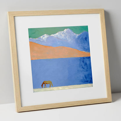 Alpine Solitude horse landscape art print in natural frame