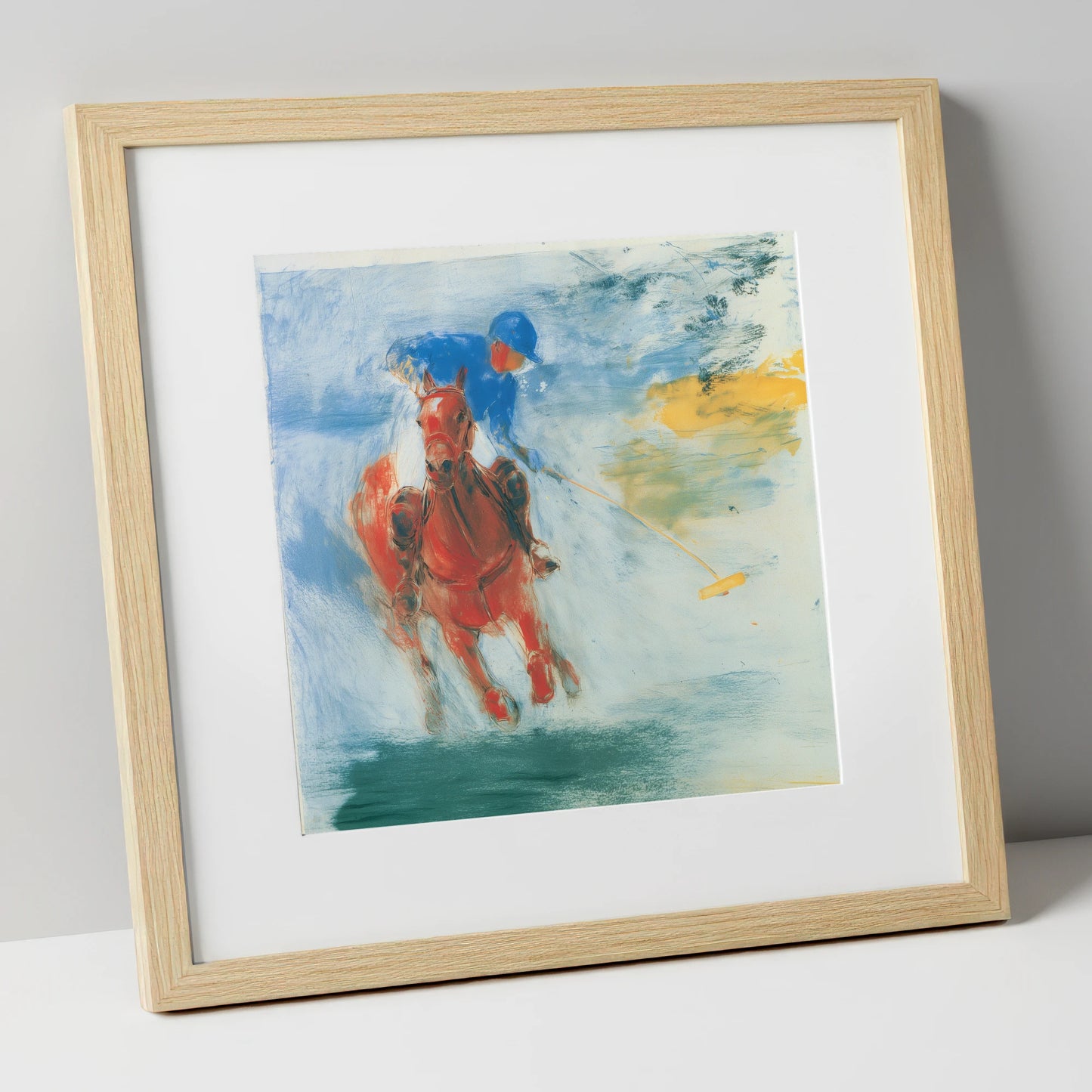 Midfield Strike polo horse art print in natural frame