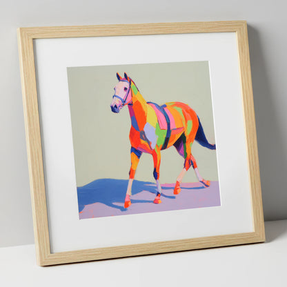 Vibrant Strides racing horse art print in natural frame