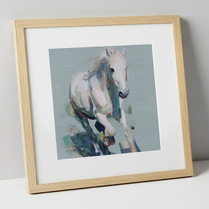 Expressive Grey Canter horse breed art print in natural frame