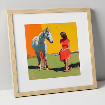 Vibrant Connection horse & rider art print in natural frame