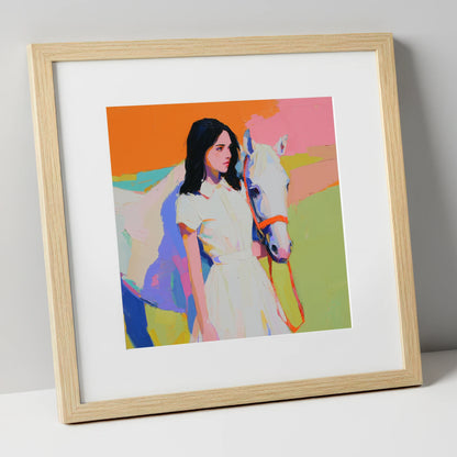Painted Summer Bond horse & rider art print in natural frame