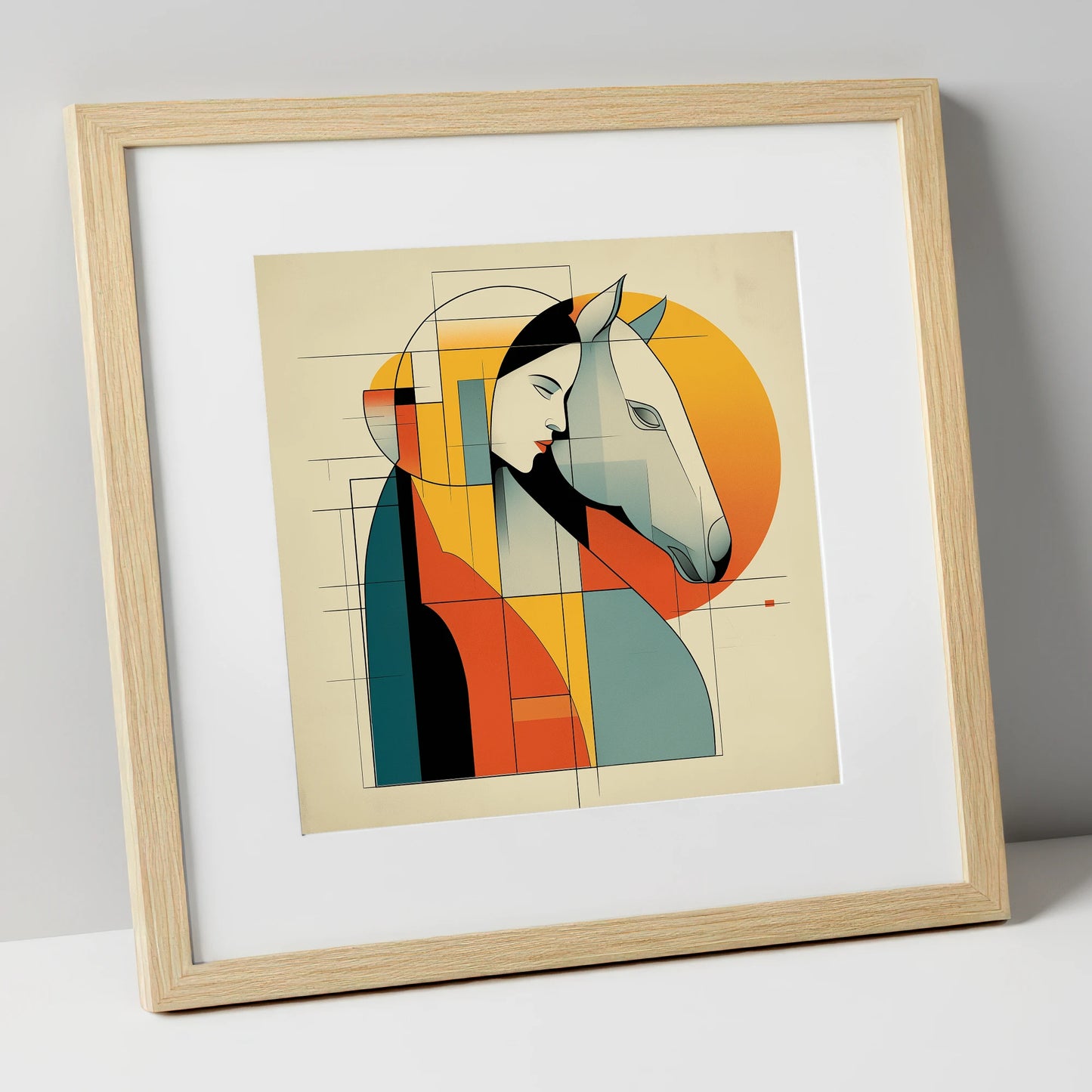Harmony of Form horse & rider art print in natural frame