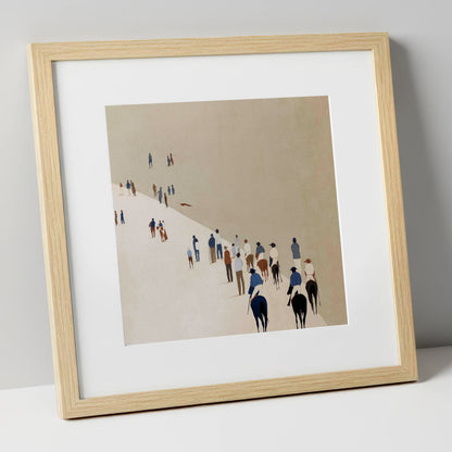 Distant Racegoers racing horse art print in natural frame