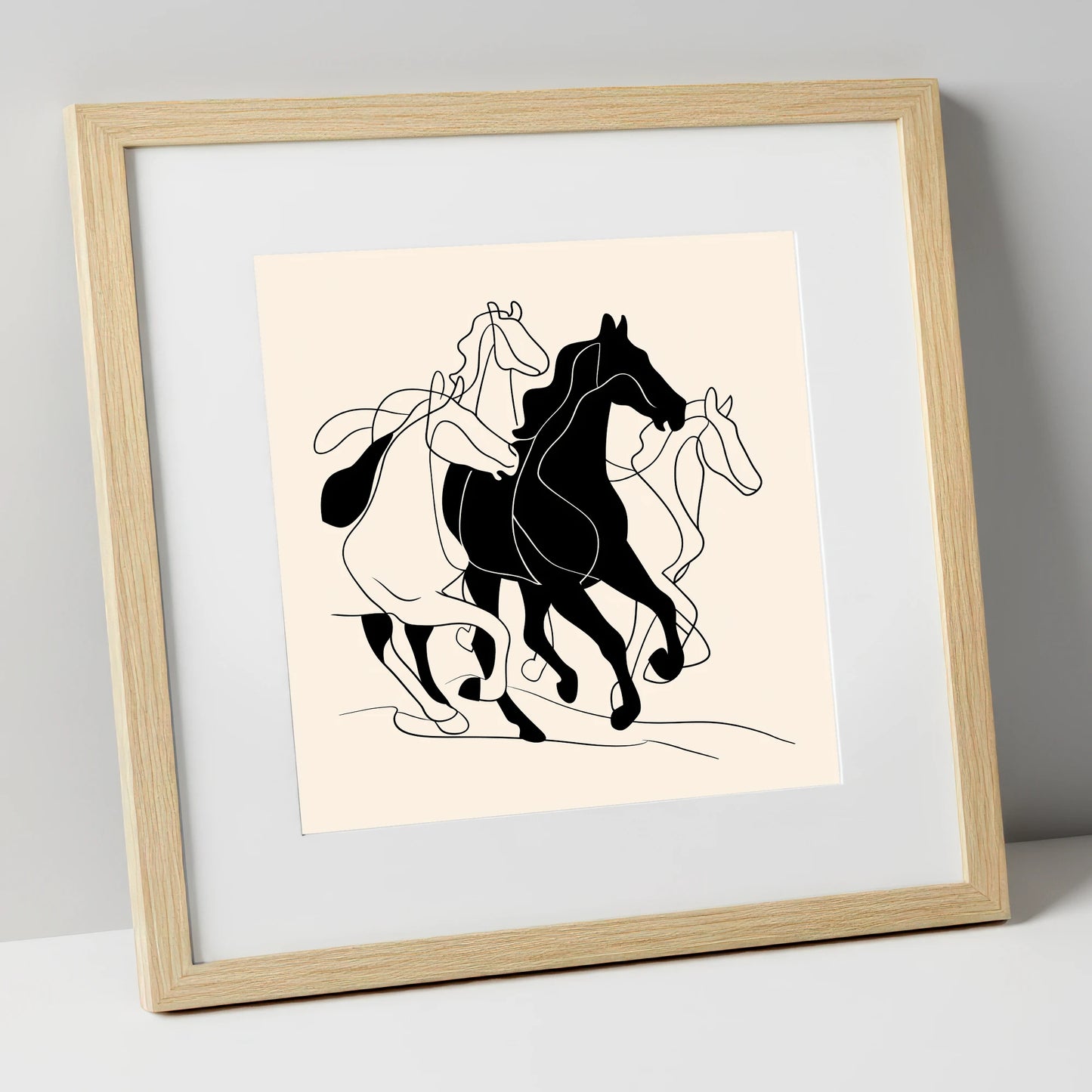 Synchronised Strides wild horses art print in natural frame
