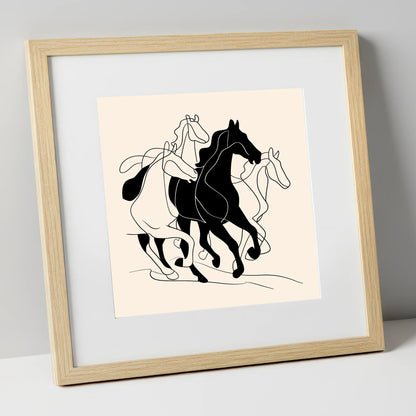 Synchronised Strides wild horses art print in natural frame