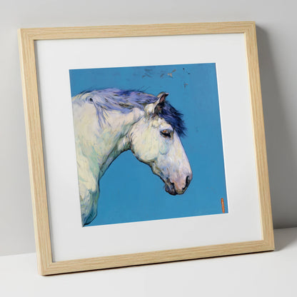 The Azure Grey horse portrait art print in natural frame