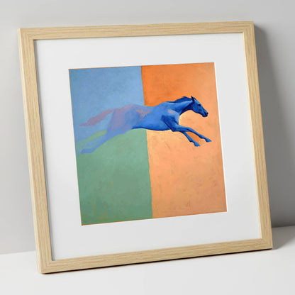 Cobalt Stretch racing horse art print in natural frame