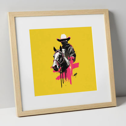 Magenta Western Rider western horse art print in natural frame