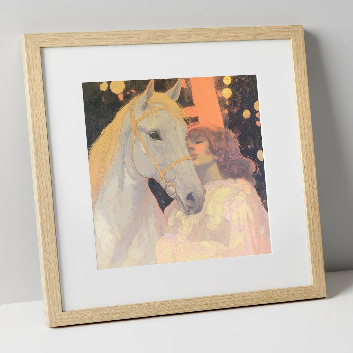 Starlit Bond horse & rider art print in natural frame