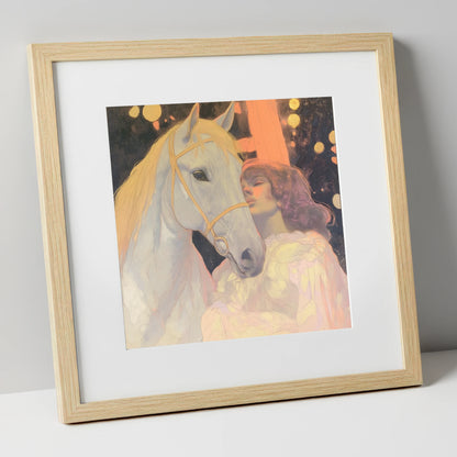 Starlit Bond horse & rider art print in natural frame