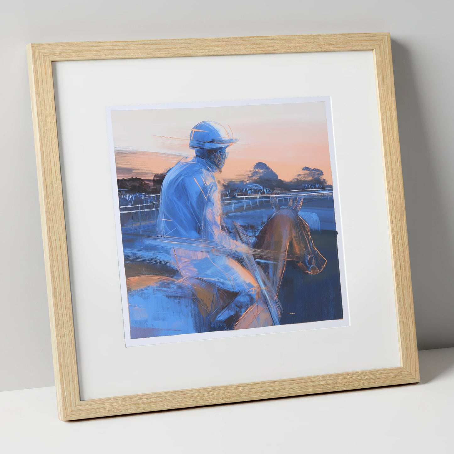 Dawn on the Gallops racing horse art print in natural frame