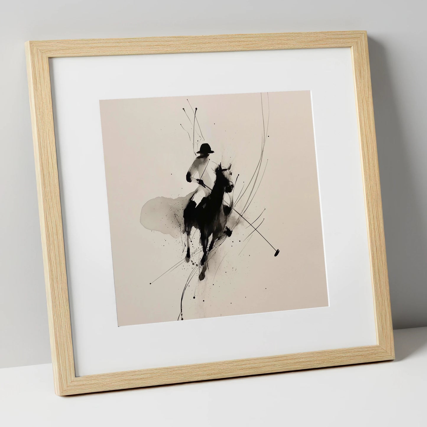 Poised for the Strike polo horse art print in natural frame