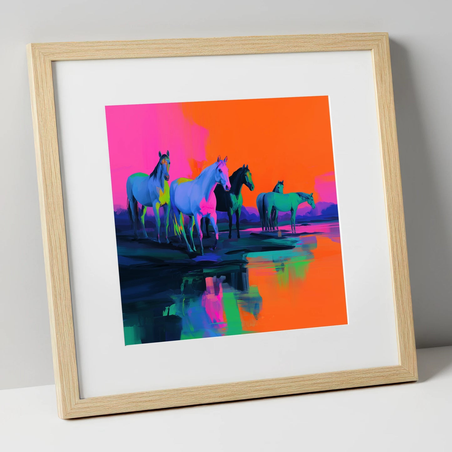 Electric Sunset Herd wild horses art print in natural frame