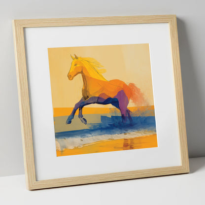 Vivid Coastal Bound beach horse art print in natural frame