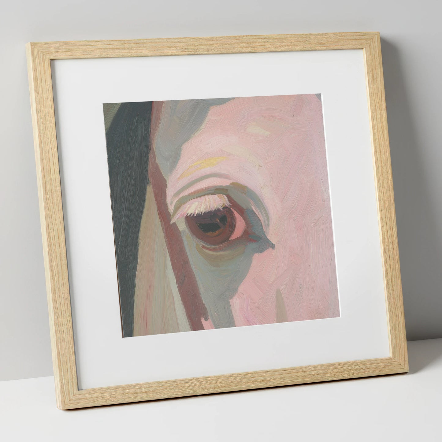 A Gentle Gaze horse portrait art print in natural frame
