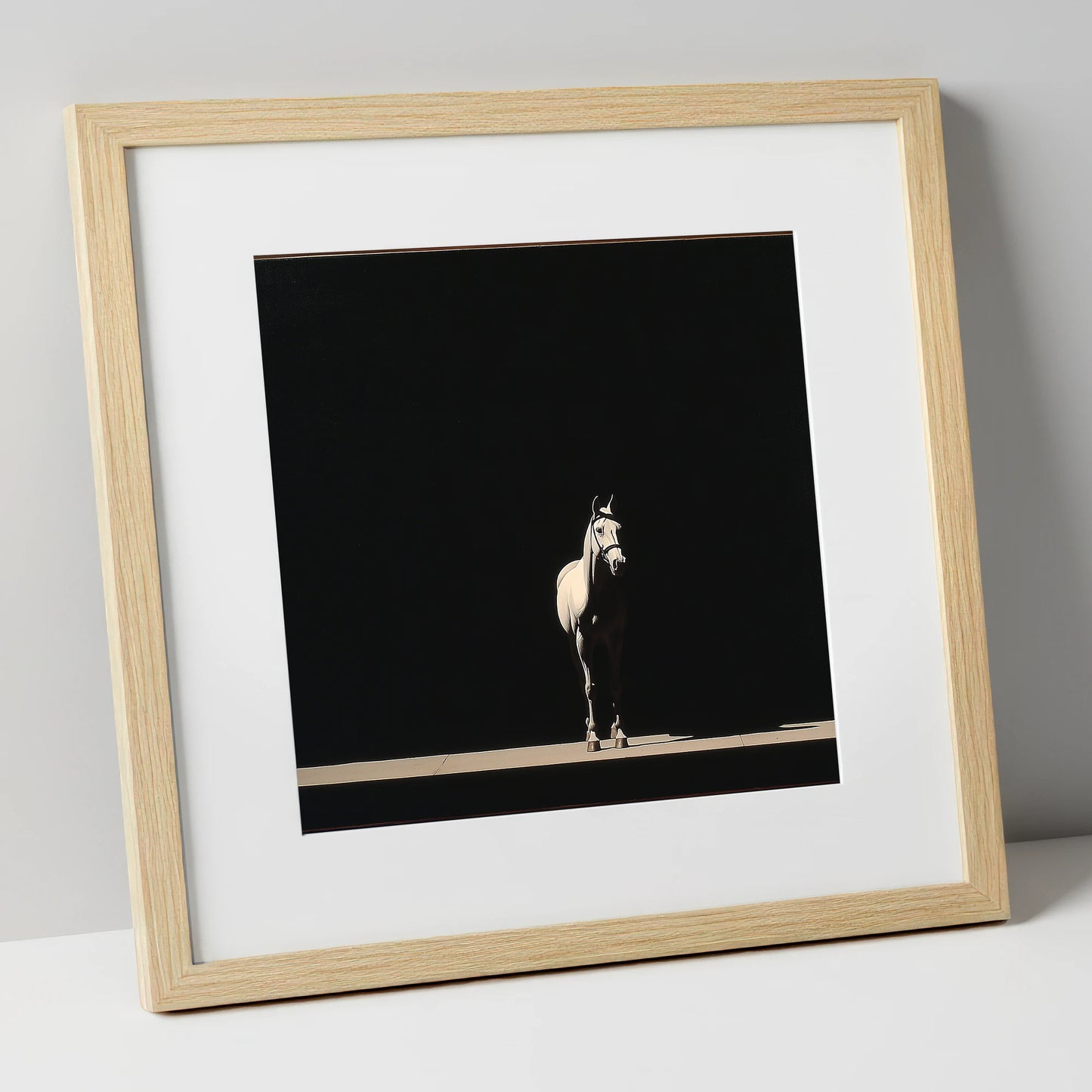 The Midnight Thoroughbred racing horse art print in natural frame