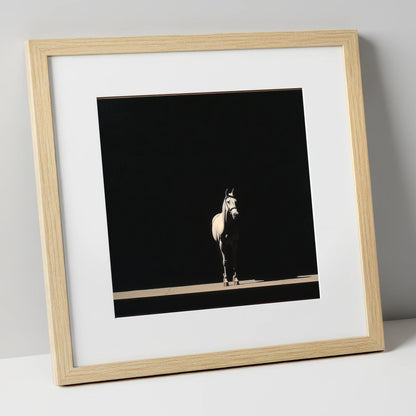 The Midnight Thoroughbred racing horse art print in natural frame