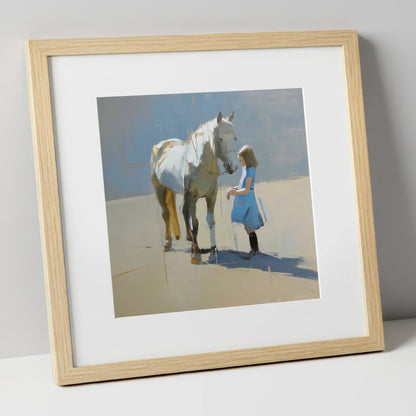 A Quiet Connection horse & rider art print in natural frame