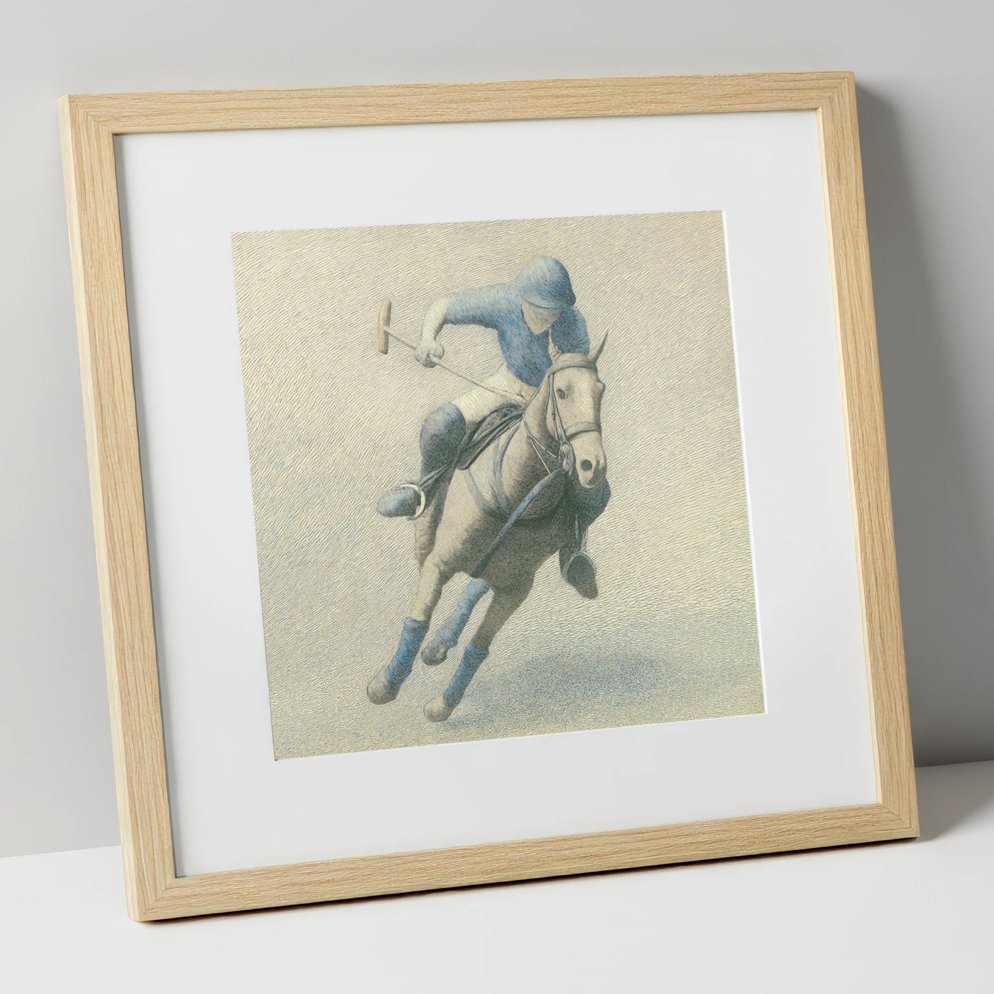 The Slate Blue Chukka polo horse art print in natural frame