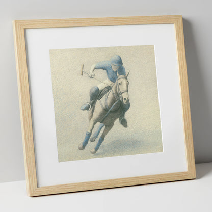 The Slate Blue Chukka polo horse art print in natural frame