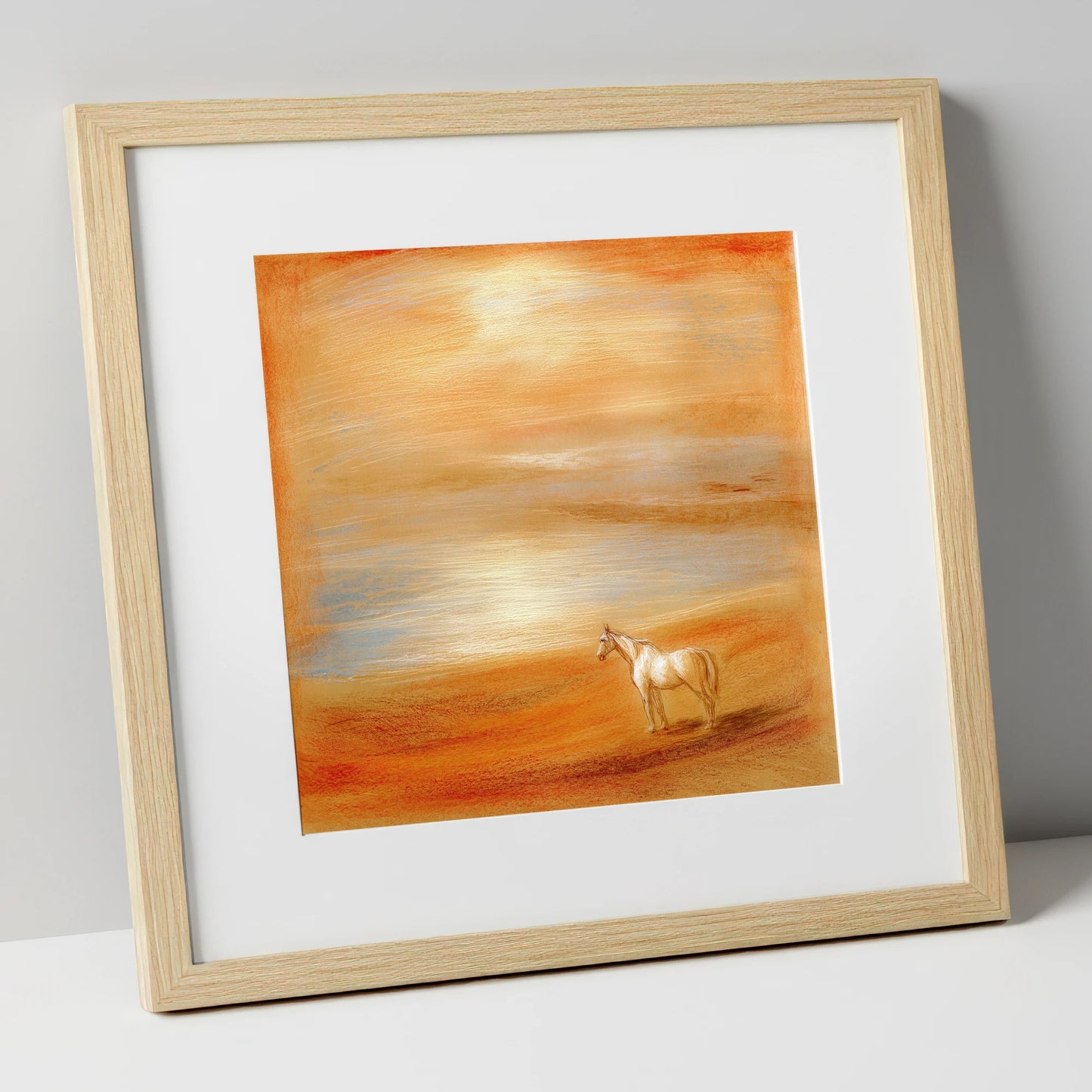 Amber Horizon horse landscape art print in natural frame